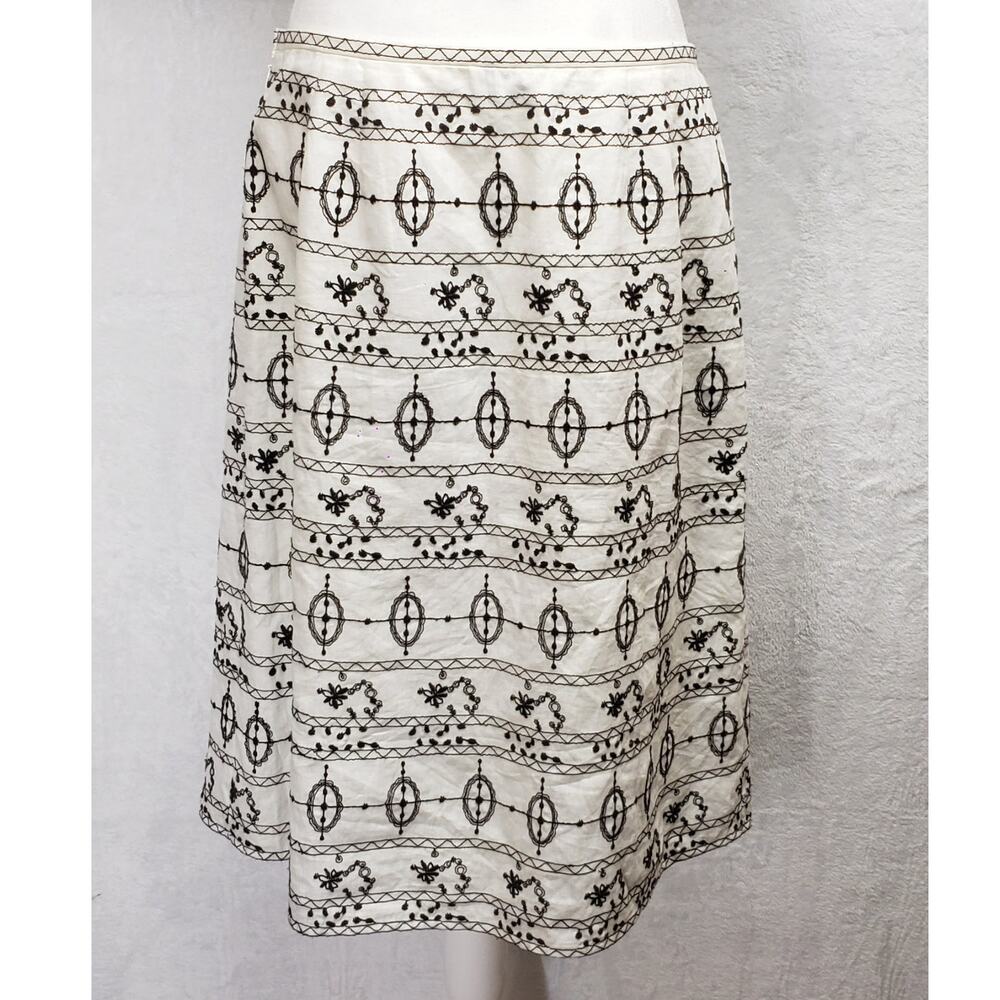 Ann Taylor LOFT Medium Linen Blend Skirt Embroidery Brown Coastal Grandma Boho